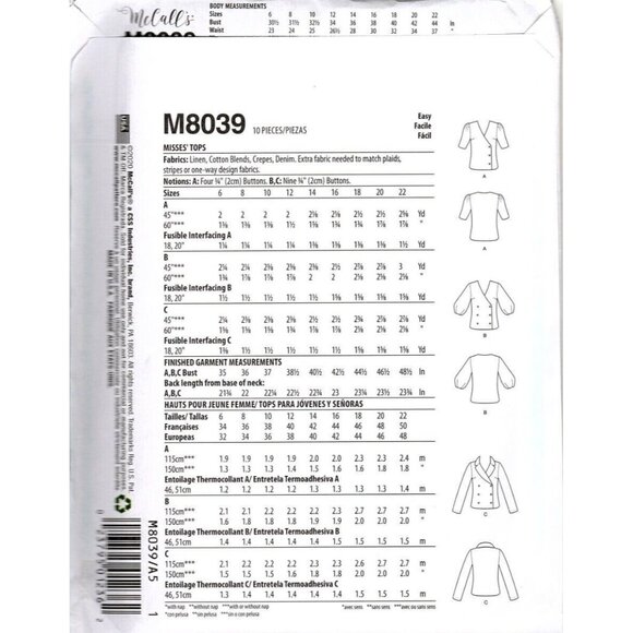McCall's M8039 Misses 6 to 14 Button Front Tops UNCUT Sewing Pattern - Picture 2 of 2
